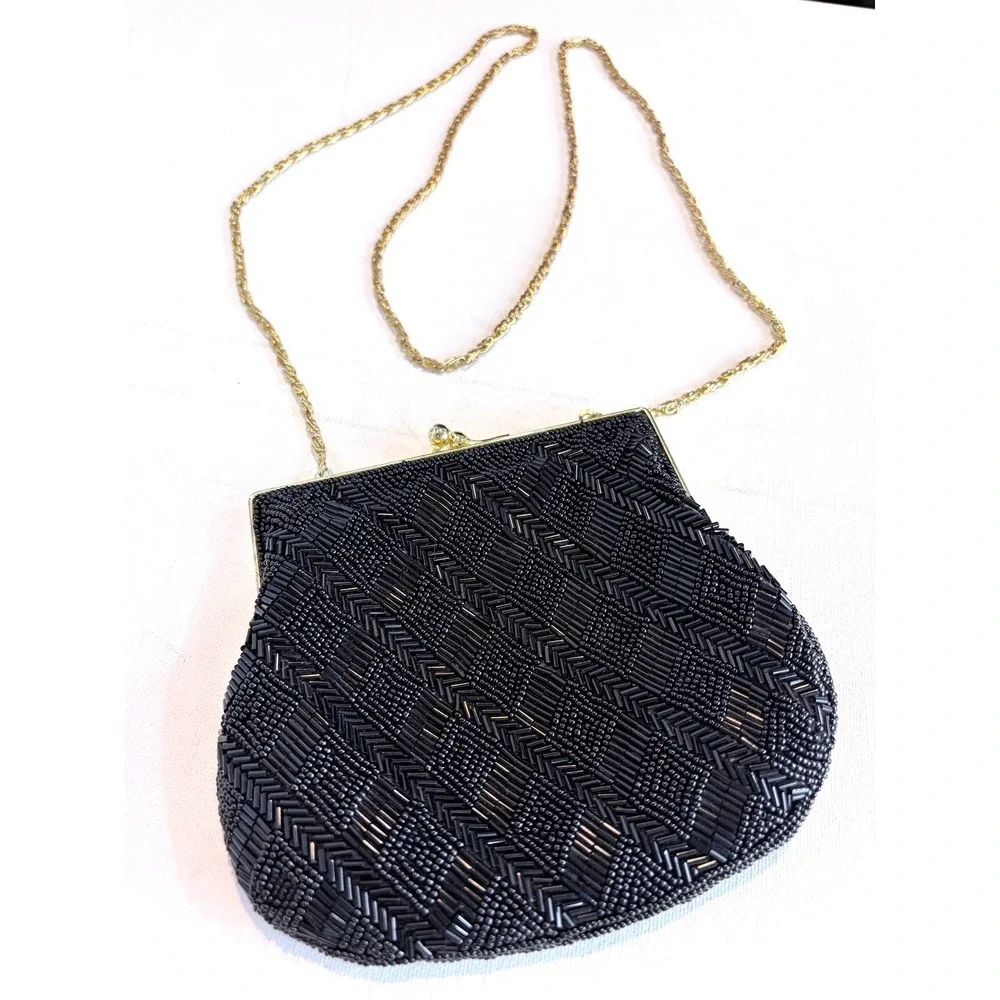 Vintage 80s La Regale Black Beaded Chevron Evening Bag Gold Chain Clutch Purse